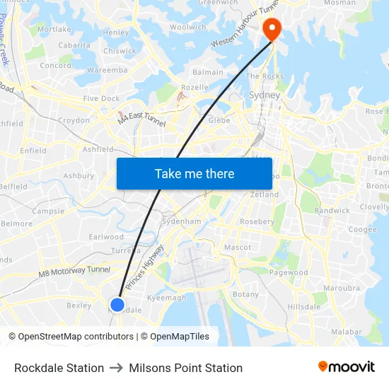 Rockdale Station to Milsons Point Station map