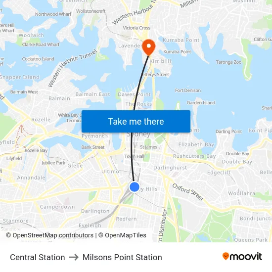 Central Station to Milsons Point Station map