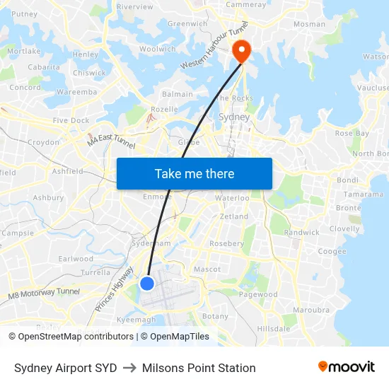 Sydney Airport SYD to Milsons Point Station map