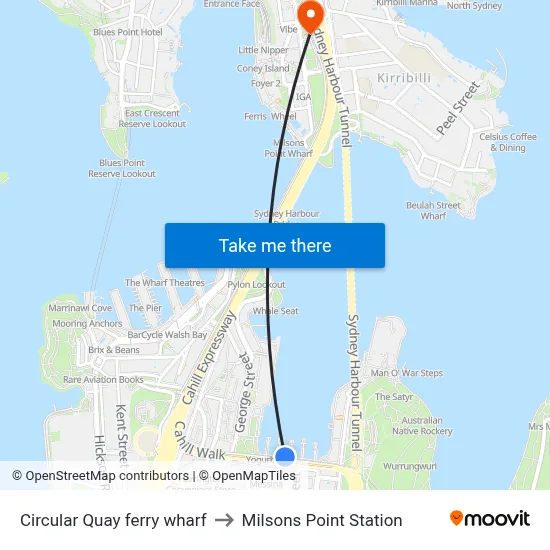 Circular Quay ferry wharf to Milsons Point Station map