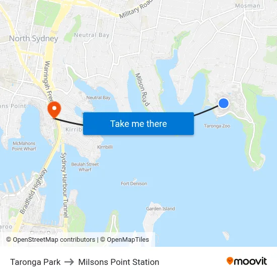 Taronga Park to Milsons Point Station map
