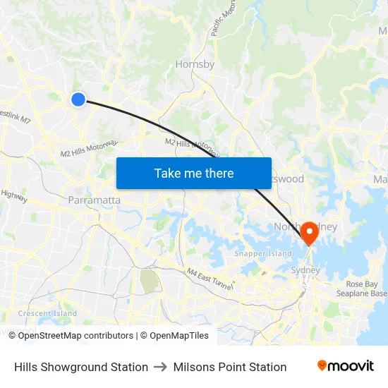 Hills Showground Station to Milsons Point Station map