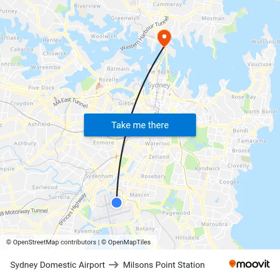 Sydney Domestic Airport to Milsons Point Station map