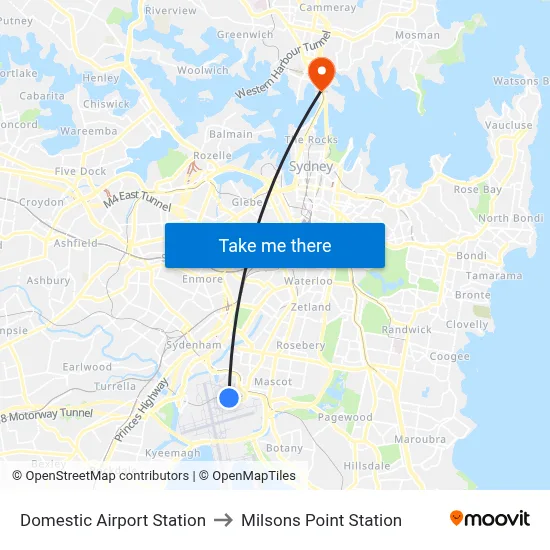 Domestic Airport Station to Milsons Point Station map