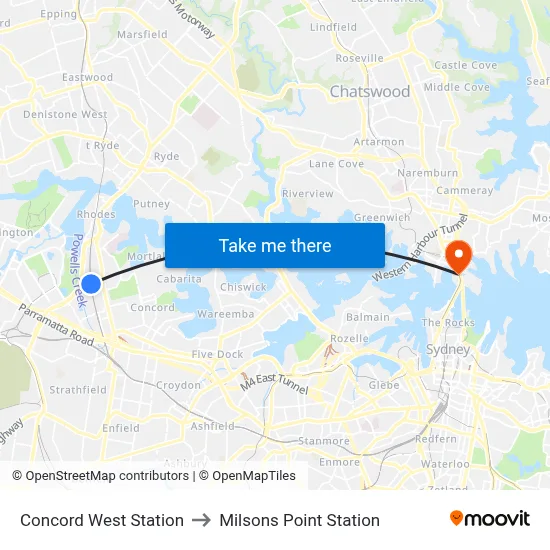 Concord West Station to Milsons Point Station map