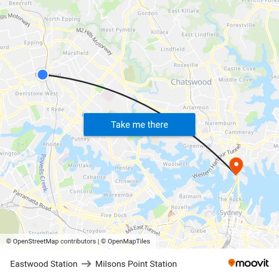 Eastwood Station to Milsons Point Station map
