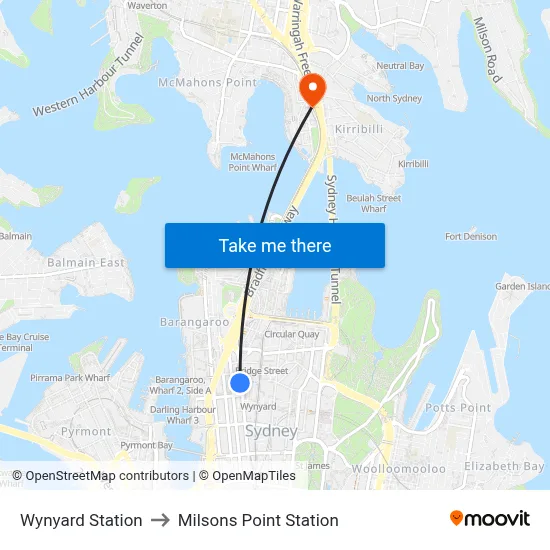 Wynyard Station to Milsons Point Station map