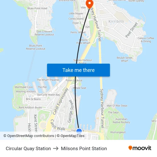 Circular Quay Station to Milsons Point Station map