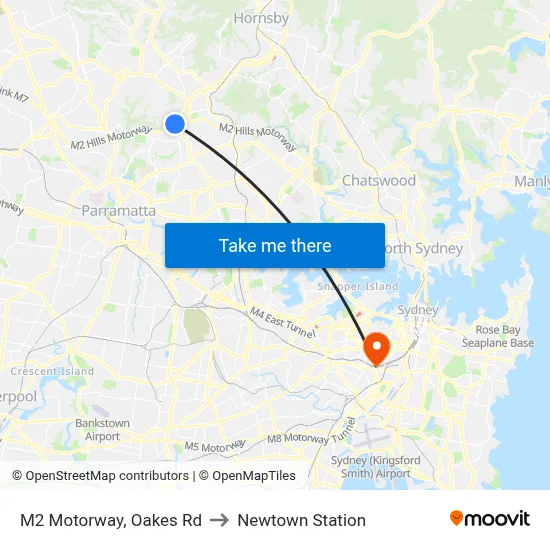 M2 Motorway, Oakes Rd to Newtown Station map