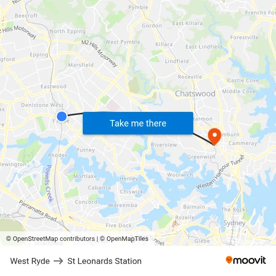 West Ryde to St Leonards Station map