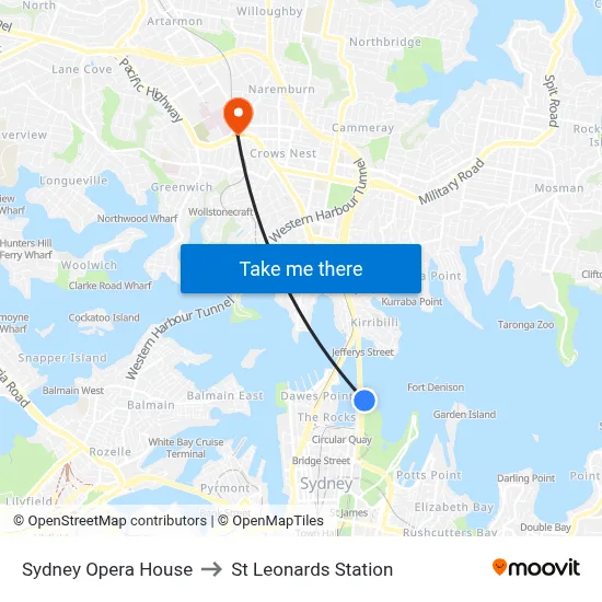 Sydney Opera House to St Leonards Station map