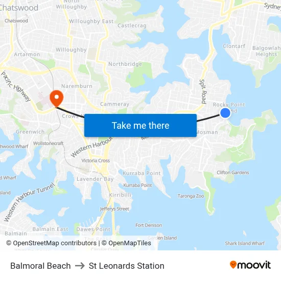 Balmoral Beach to St Leonards Station map