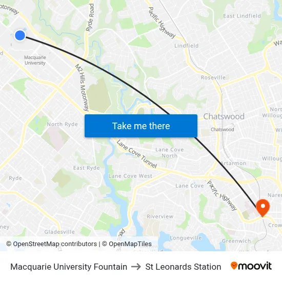 Macquarie University Fountain to St Leonards Station map