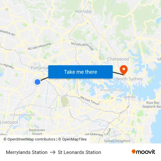 Merrylands Station to St Leonards Station map