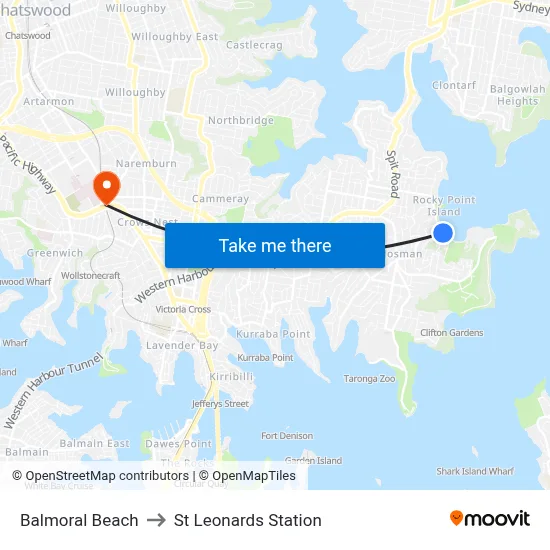 Balmoral Beach to St Leonards Station map
