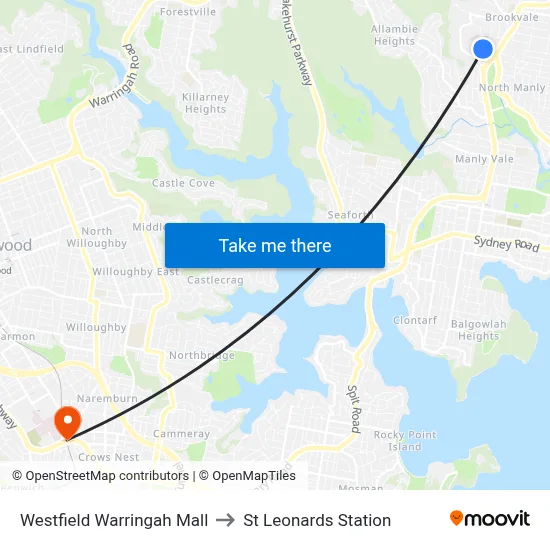 Westfield Warringah Mall to St Leonards Station map