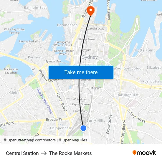 Central Station to The Rocks Markets map