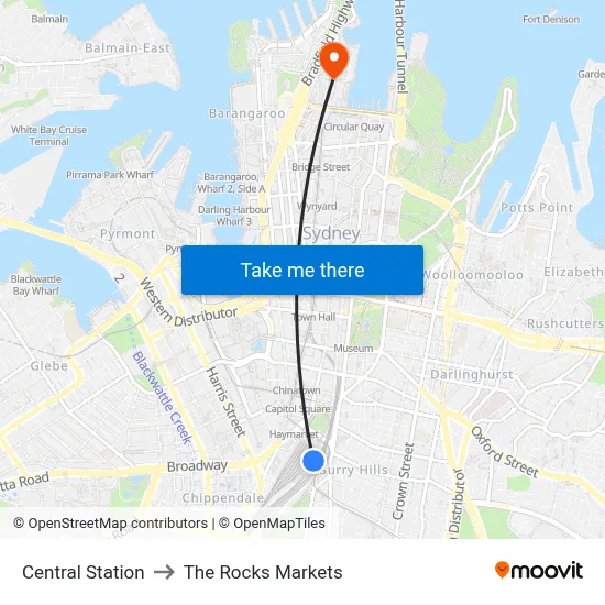 Central Station to The Rocks Markets map