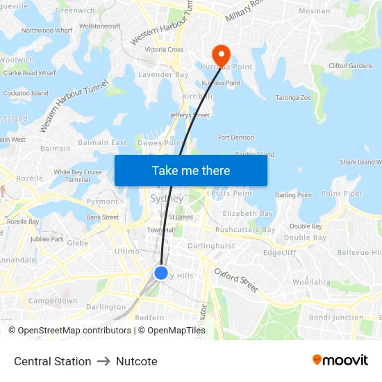 Central Station to Nutcote map