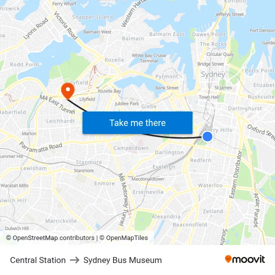 Central Station to Sydney Bus Museum map