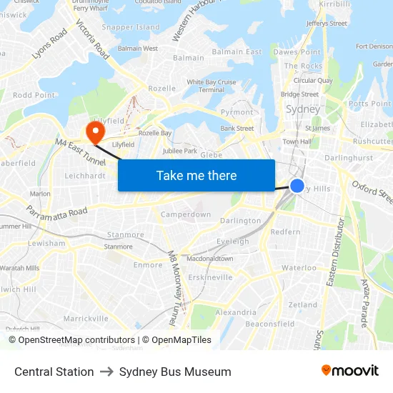 Central Station to Sydney Bus Museum map