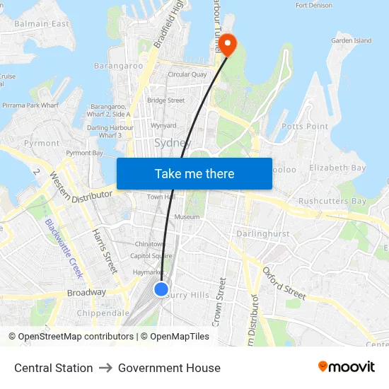 Central Station to Government House map