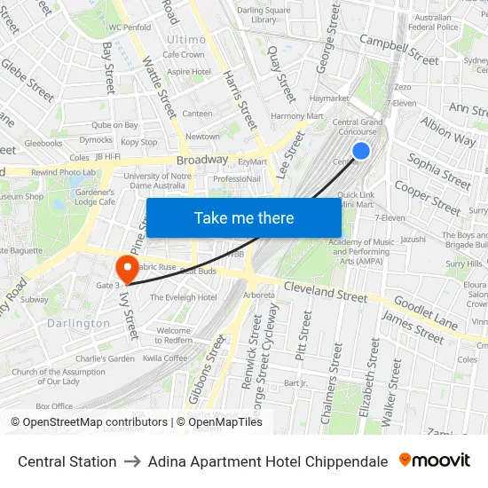 Central Station to Adina Apartment Hotel Chippendale map