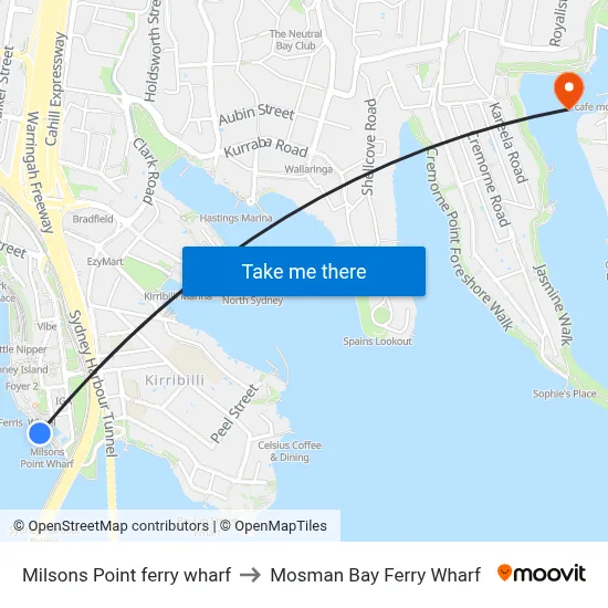 Milsons Point ferry wharf to Mosman Bay Ferry Wharf map