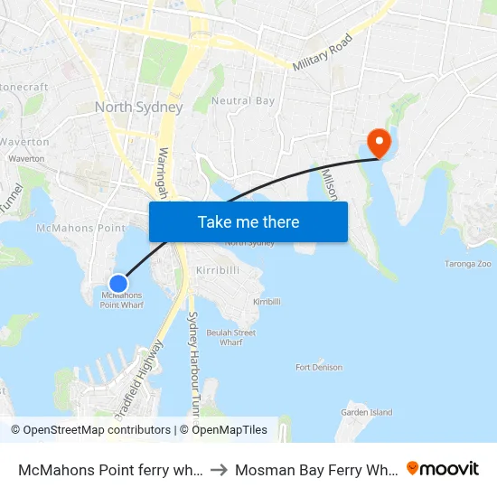 McMahons Point ferry wharf to Mosman Bay Ferry Wharf map