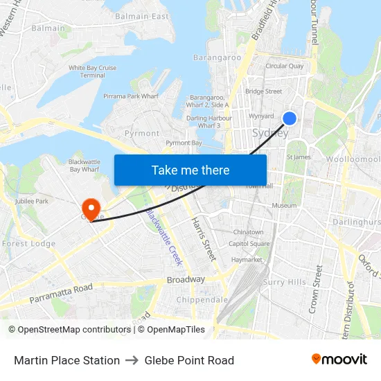 Martin Place Station to Glebe Point Road map