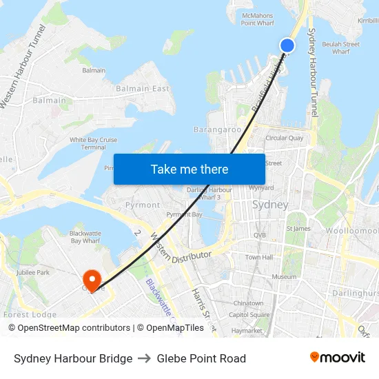 Sydney Harbour Bridge to Glebe Point Road map