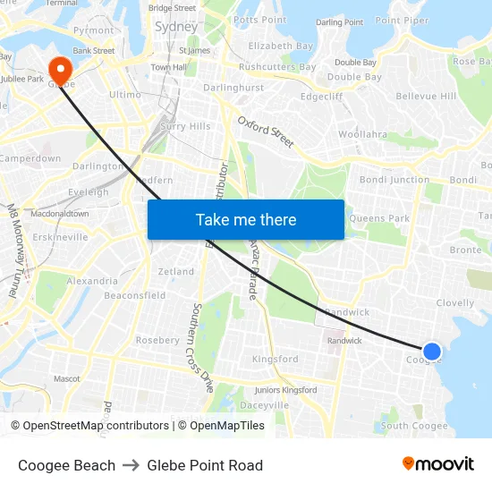 Coogee Beach to Glebe Point Road map