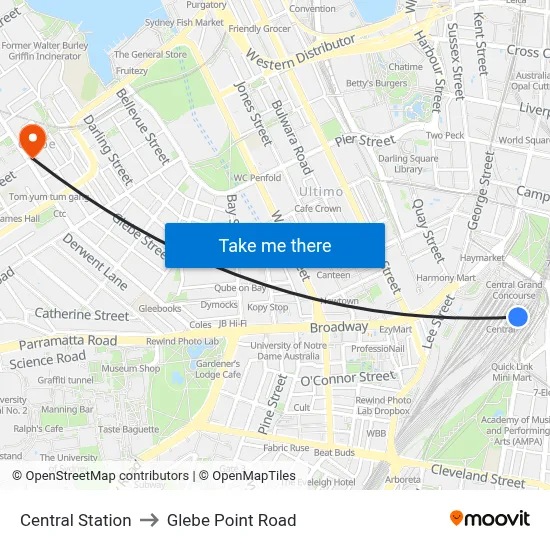 Central Station to Glebe Point Road map