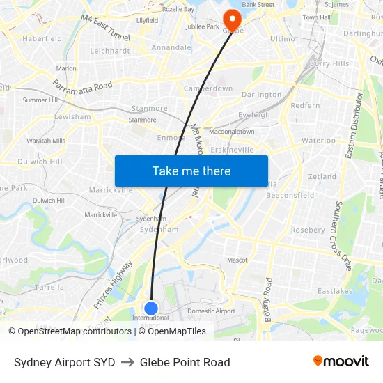 Sydney Airport SYD to Glebe Point Road map