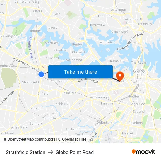 Strathfield Station to Glebe Point Road map
