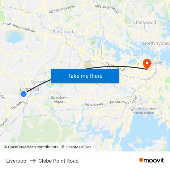 Liverpool to Glebe Point Road map
