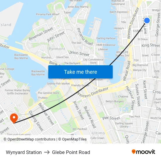Wynyard Station to Glebe Point Road map