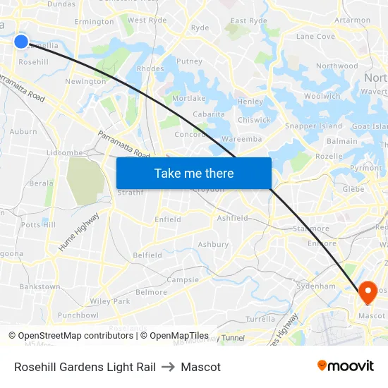 Rosehill Gardens Light Rail to Mascot map