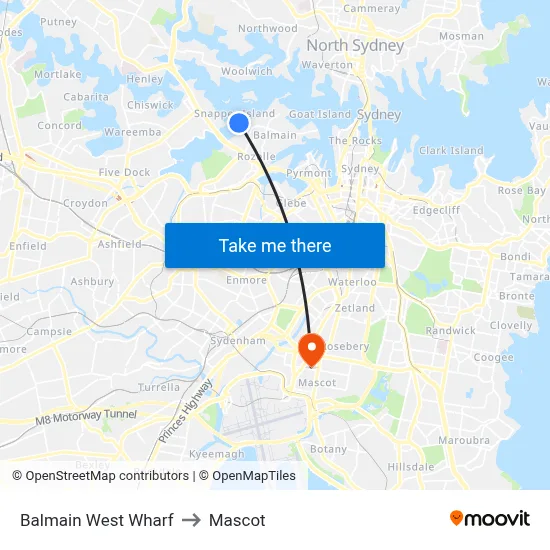 Balmain West Wharf to Mascot map