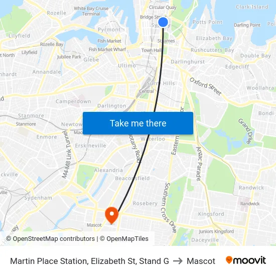Martin Place Station, Elizabeth St, Stand G to Mascot map