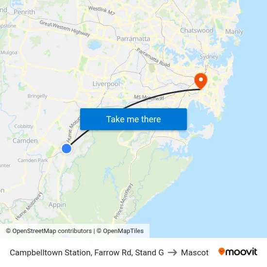 Campbelltown Station, Farrow Rd, Stand G to Mascot map