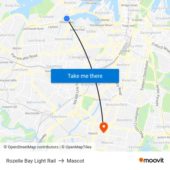 Rozelle Bay Light Rail to Mascot map