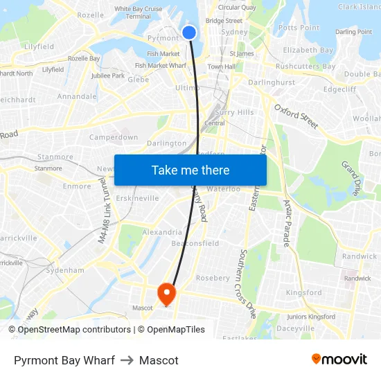 Pyrmont Bay Wharf to Mascot map