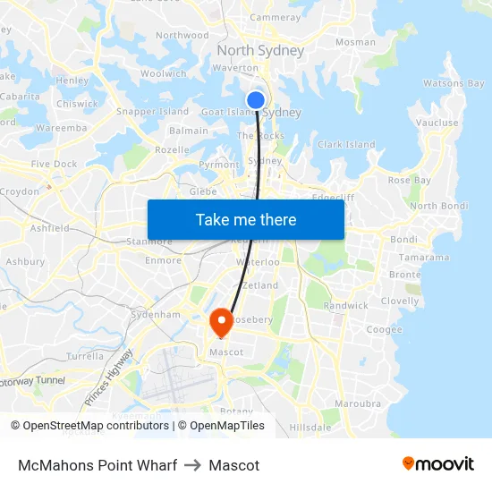 McMahons Point Wharf to Mascot map