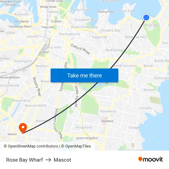 Rose Bay Wharf to Mascot map