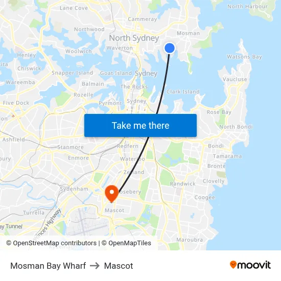 Mosman Bay Wharf to Mascot map
