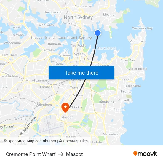 Cremorne Point Wharf to Mascot map