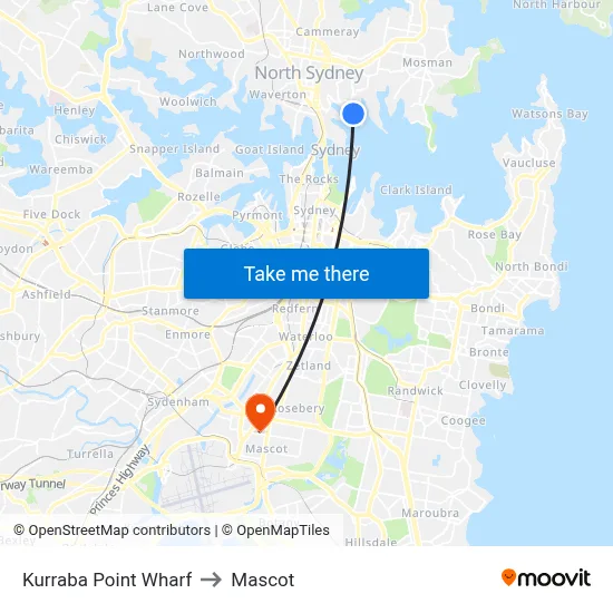 Kurraba Point Wharf to Mascot map