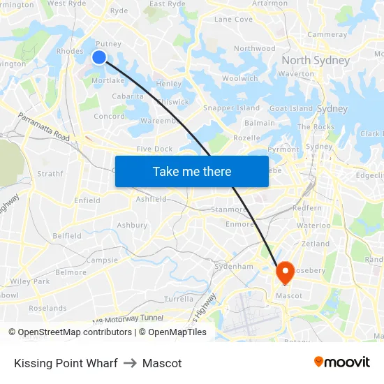 Kissing Point Wharf to Mascot map