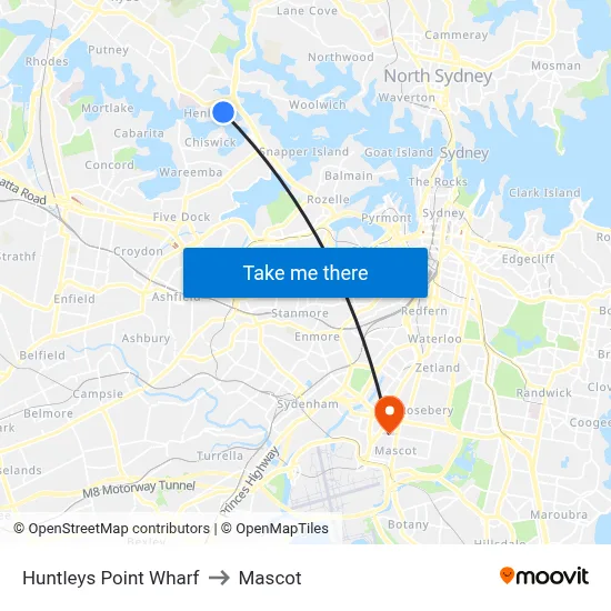 Huntleys Point Wharf to Mascot map